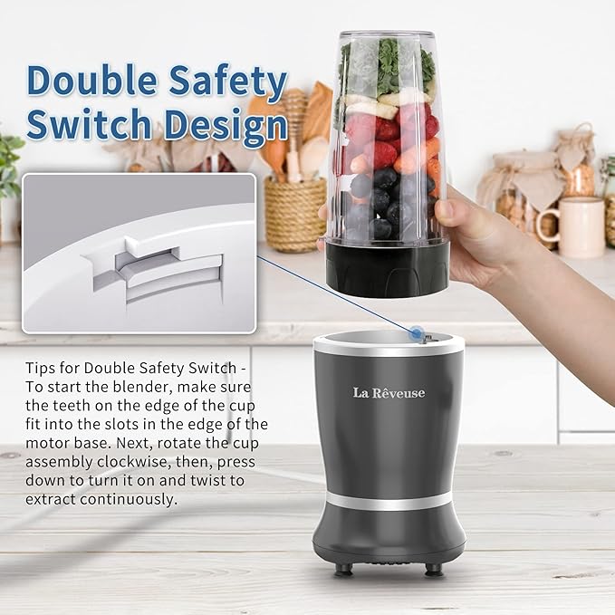 La Reveuse Personal Size Blender 250 Watts Power for Shakes Smoothies Seasonings Sauces with 1 Piece 15 oz Cup,1 Piece 10 oz Mug,BPA-Free (Black)