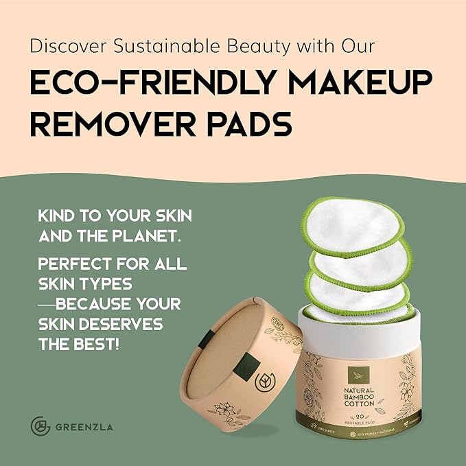 Greenzla Reusable Makeup Remover Pads (20 Pack) Washable Laundry Bag & Round Box for Storage, Reusable Bamboo Cotton Rounds for All Skin Types - Reusable Cotton Rounds for Face - Reusable Cotton Pads
