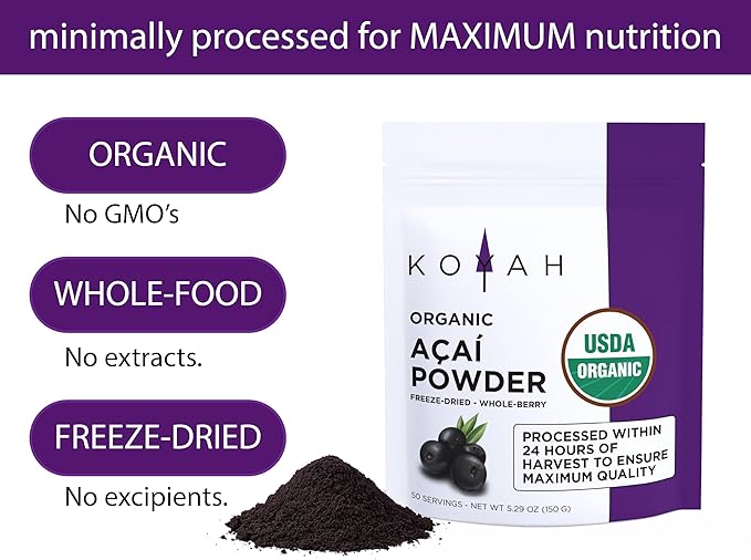 KOYAH - Organic Acai Powder (150g - 50 Servings): Brazil Grown, Freeze-Dried, 100% Pure, No Citric Acid Added, Great in Smoothies and Bowls