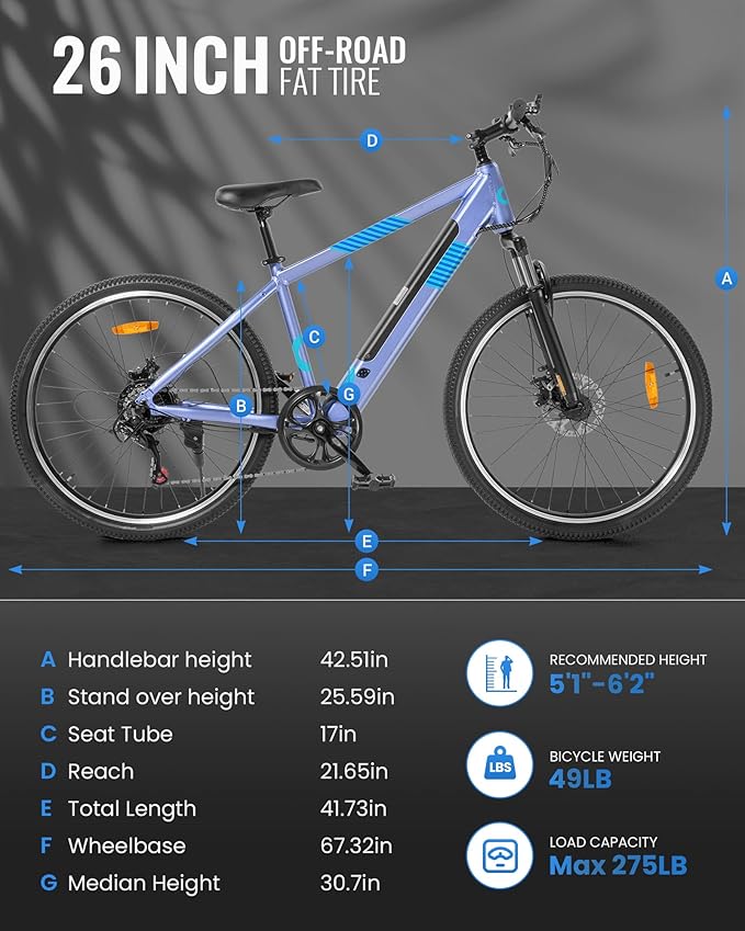 Electric Bike for Adults,36V Built-in Invisible Removable Battery,350W Brushless Motor(Peak 450W) Electric Mountain Bike,26" Tires&Front Fork Suspension,UL Certified 7-Speed