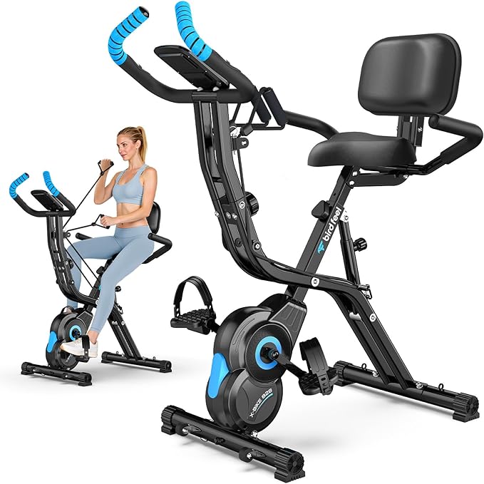 Foldable Exercise Bike, Multifunctional Indoor Stationary Bikes for Home with 8-Level Magnetic Resistance, Quiet Workout Bike with Arm Resistance Bands, LCD Monitor, 300LBS Capacity