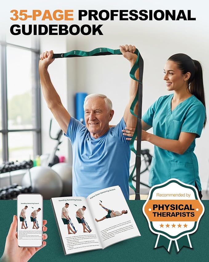 Trideer Stretching Strap for Physical Therapy, Non-Elastic Yoga Straps for Stretching with 10 Loops, Durable Nylon Stretch Bands for Exercise, Pilates, Gymnastics, Leg Stretcher with Guidance and Drawstring Bag