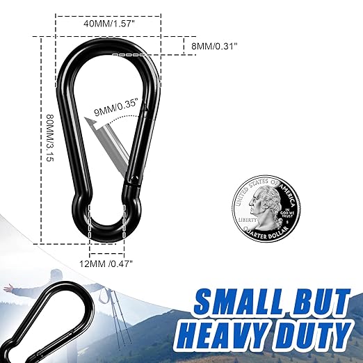 KINLINK 15 Pack Black Carabiner Clip, 3.15 inch Heavy Duty Spring Snap Hook, Small Caribeener Clips for Outdoor Camping, Swing Set, Hammock, Hiking Travel, Fishing, Quick Link Keychain