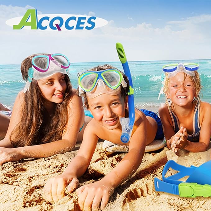 Kids Mask Fins Snorkel Set, Dry Top Snorkeling Gear for Kids Youth Boys Girls Junior Age 5-15 Tempered Glass Snorkel Mask Set Panoramic View Snorkeling Packages