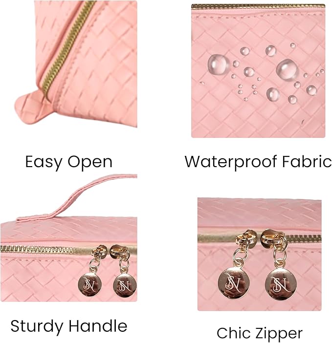 Large Capacity Travel Makeup Bag Organizer Makeup bag Set – Includes Transparent Pouch & Dust Bag PU Leather Cosmetic Bag Toiletry Bag for Women With Dividers, Handle Portable Design (Pink)