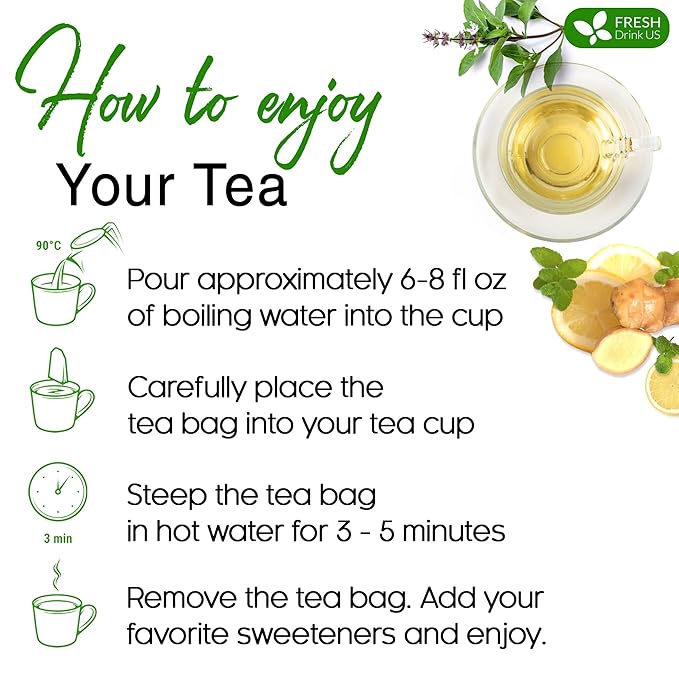 FreshDrinkUS, Premium Tulsi Peppermint Herbal Tea – 75 Tea Bags, 100% Natural, Blend of Tulsi Holy Basil Leaves, and Peppermint Leaves. Made with Natural Material Tea Bags. No Sugar, Vegan.