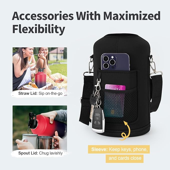 One Gallon Water Bottle Insulated, Triple Wall Vacuum Cold for 48 Hrs & Leak-proof & Non-BPA, 128oz Large Sports Stainless Steel Water Jug with Paracord Handle Straw Spout Lids & DIY Stickers