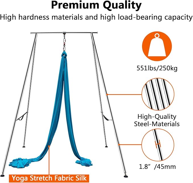 TECSPEC 9.6 FT/115.3 Inch Adjustable Height Aerial Yoga Frame & Hammock, Professional Swing Stand with 18 FT/33FT Aerial Silk, 550lbs Max Capacity