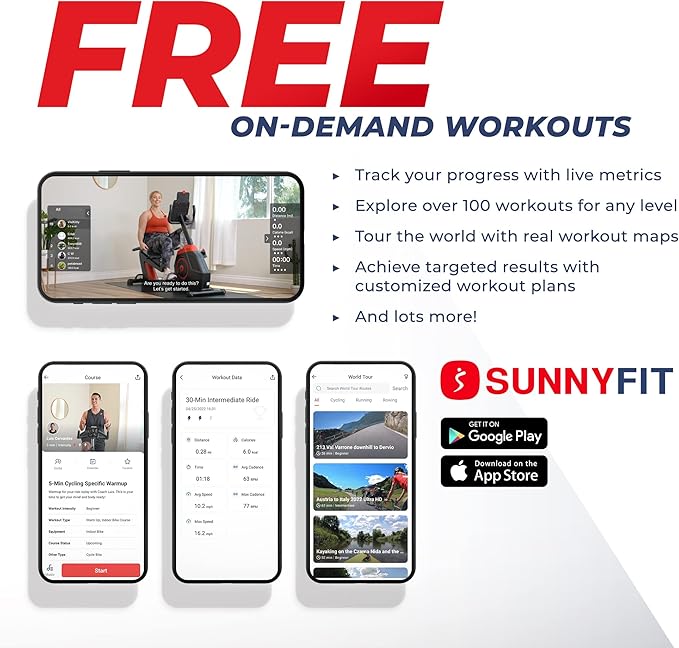 Sunny Health & Fitness Smart Indoor Recumbent Bike Trainer, Home Full Body Workout & Cardio Cycling Machine for Seniors, Free SunnyFit Bluetooth Connect, Optional Arm Exerciser Hand Cycle & Bands