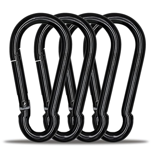 KINLINK 4 Pack Black Carabiner Clip, 4 inch Heavy Duty Spring Snap Hook, Caribeener Clips for Outdoor Camping, Swing Set, Hammock, Hiking Travel, Fishing, Weight Lifting Machine