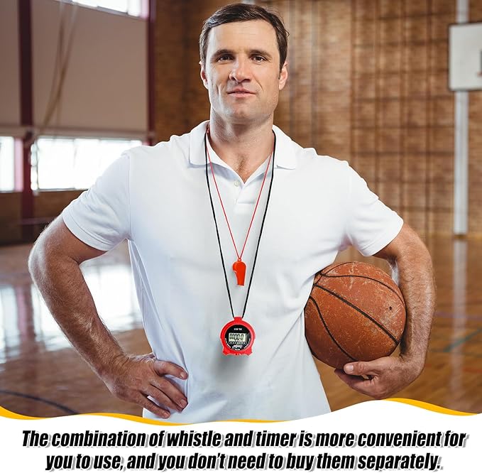 48 Pcs Digital Stopwatch Timer Plastic Whistle Bulk for Sports Coaches Referee Waterproof Watch Timer Whistle with Lanyard Multi Function Electronic Fitness Date Alarm (Red)