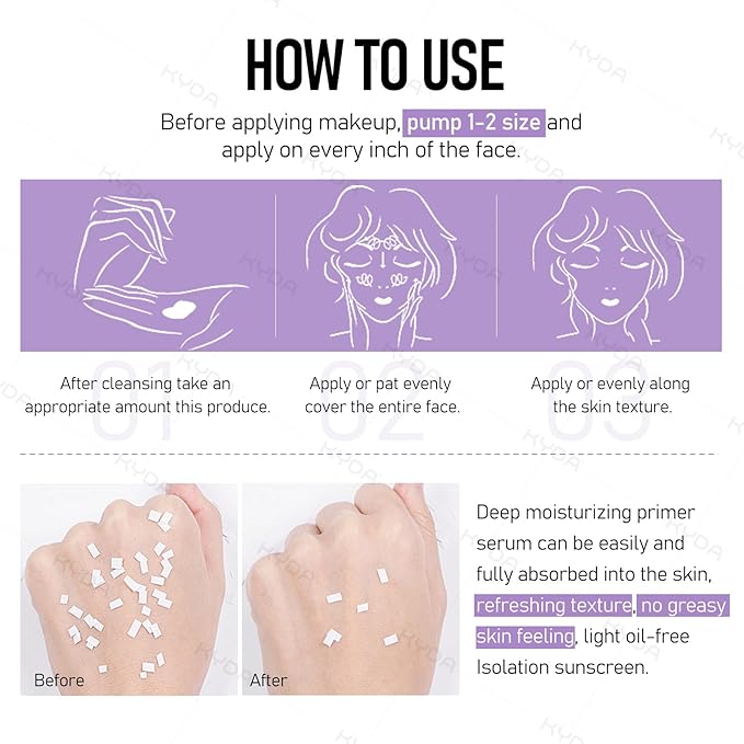 KYDA 2PCS Color Correcting Primer,SPF Makeup 50 PA+++,Color Correcting Serum, Moisturizing Makeup Primer, One Step Brightening Primer to Even Skin Tone, Oil Control Skin Corrector,Purple Pink Green