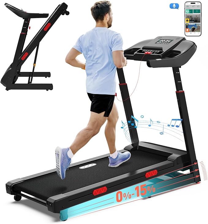 CIIHI Treadmill with Auto Incline - Adjustable Height Handrail 15% Auto Incline Treadmill with 400 lbs Capacity - Foldable Running Machine for Home with APP, Voice Control and Speaker - 8.7 MPH