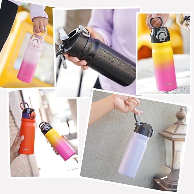Insulated Water Bottle with Straw and Carry Loop,18 oz Stainless Steel Double Wall Vaccum Metal Water Flask with Leak-proof Lid,Macaron Green
