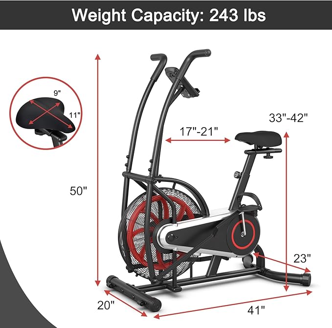 Goplus Air Bike, Fan Exercise Bike with Unlimited Resistance, Clear LCD Display, Tablet Holder, Adjustable Seat and Built-in Wheels, Fan Cycling Bike for Home Cardio Training
