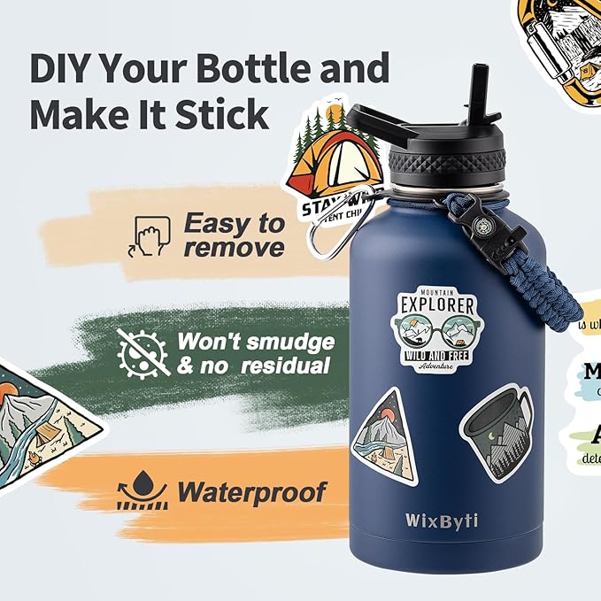 64 oz Insulated Water Bottle with Straw (Cold for 48 Hrs), Half Gallon Stainless Steel Triple Wall Vacuum Sports Water Jug, Leakproof Hydro Cup Flask with Straw Spout Lids & DIY Stickers