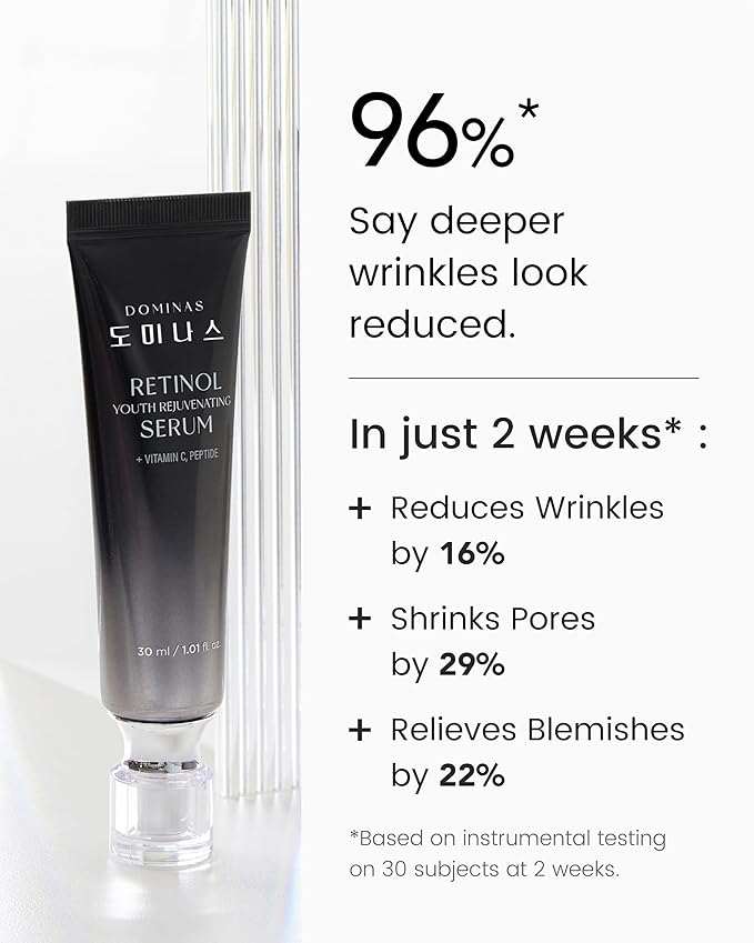 Korean DOMINAS Retinol Serum for Face (1fl oz) – Youth Rejuvenating Face Ampoule for Improving Fine Lines & Reducing Pigmentation, Skin Care for Day & Night Use. Vitamin C, Niacinamide, Peptide