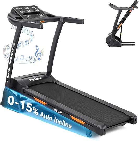 THERUN Incline Treadmill for Running and Walking, 300 lbs Weight Capacity Folding Treadmill with 0-15% Auto Incline, Wide Belt, 3.5HP, App, Heart Rate