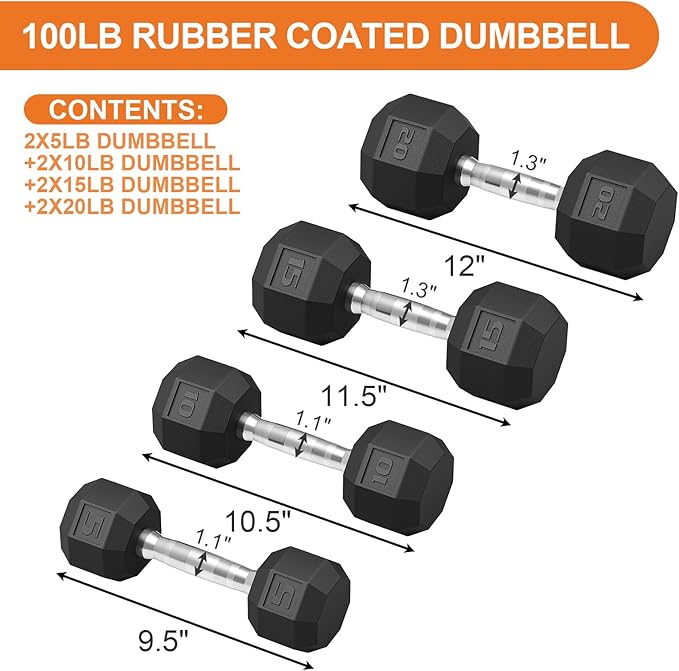 Rubber Coated Hex Dumbbell Weight Set, Multiple Sizes Exercise & Fitness Dumbbells,100LB Set,110LB Set,200LB,350LB,450LB,550LB, 35-50Lbs Pairs for Muscle Toning, Strength Building & Full Body Workout
