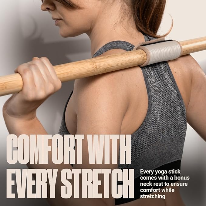 SportBit Bamboo Yoga Stick with Neck Pillow - Collapsible and Portable 5.1FT Mobility Stick and Exercise Stick - Fully Adjustable Yoga Accessories Perfect for Stretching, Posture Correction, Balance