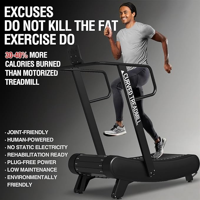 Mikolo Curved Manual Treadmill, Non Electric Treadmill with 8 Resistance Levels, LCD Digital Monitor Shock Absorption, Multi-Grip Adjustable Handrails, Non-Slip Belt