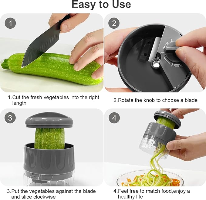 3 in 1 Vegetable Spiralizer Slicer, Adjustable Zucchini Carrot Noodle Maker, Cucumber Spiral Cutter, Easy to Use Kitchen Tool(Dark Grey)