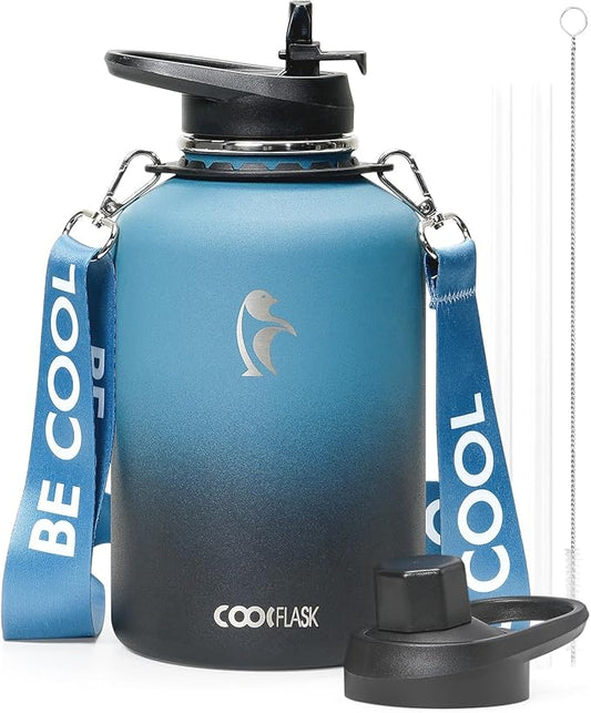 Coolflask 64 oz Water Bottle Insulated with Strap, Half Gallon Water Jug Stainless Steel with Straw & Spout Lids, Metal Large Water Flask, Keep Cold 48h Hot 24h, Leak Proof & Non-BPA, Prussian Blue