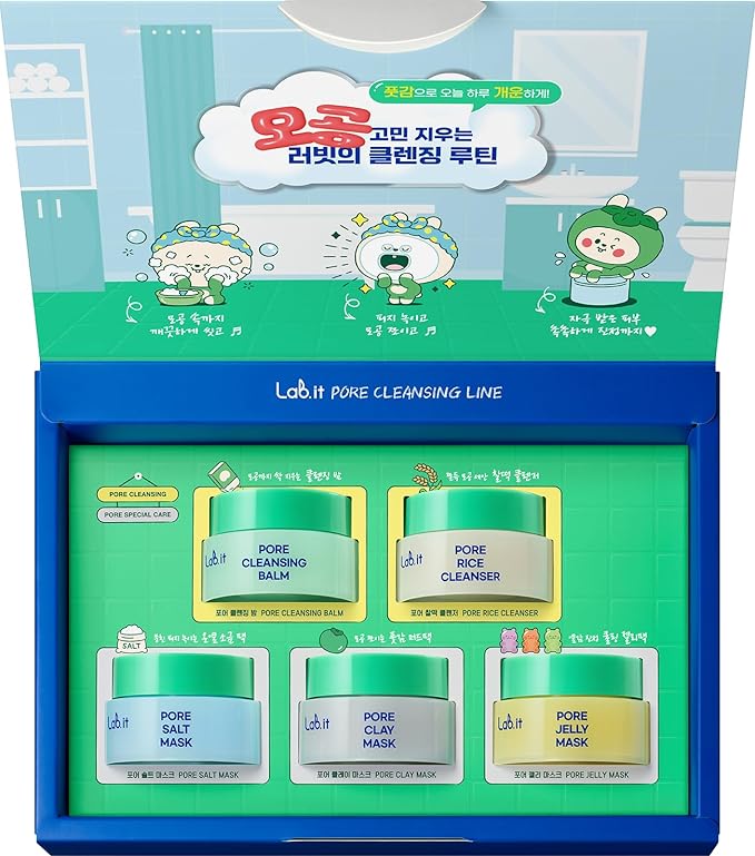 Lab.it Pore Cleansing Travel Kit (5EA)– Korean Skincare Discovery Set for Teens with Cleansing Balm, Rice Cleanser, Clay Mask, Salt & Jelly Mask, Travel-Size Face Mask Kit for Sensitive Skin, Gift Set