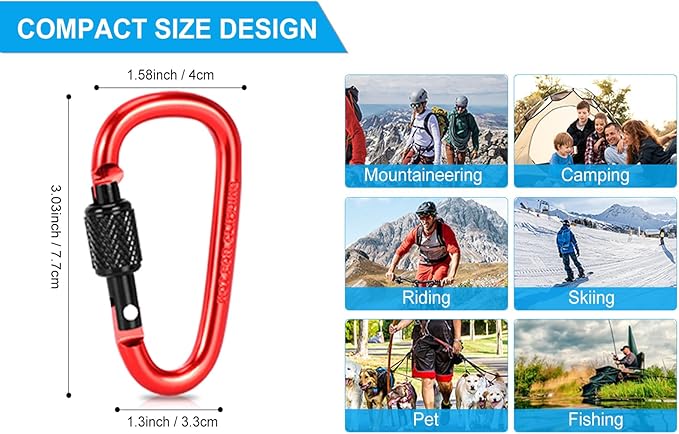 10 Pack Aluminum D Ring Key Rings Hiking Clips Locking Carabiner for Hiking Camping Fishing and Outdoor Use,Clips with Screw Gate Multicolored