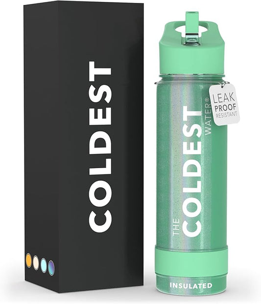 Coldest Insulated Water Bottle with Straw Lid - Stainless Steel Metal Insulated Bottle for Men & Women (Green Aurora Glitter, 24 oz)