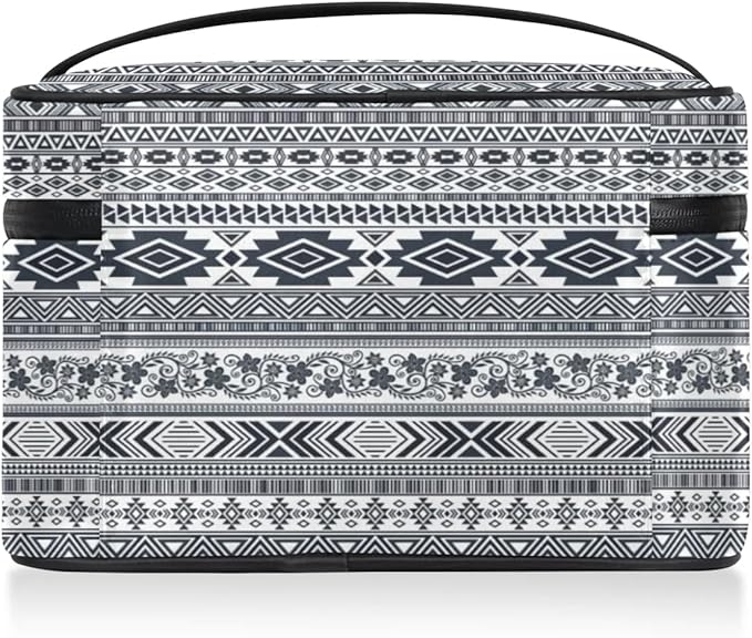 Large Makeup Bag Travel Cosmetic Bags for Women Grey Vintage Boho Geometric Chevron Aztec Makeup Organizer Case Toiletry Bag for Girls Traveling Wide Open Portable Pouch with Handle