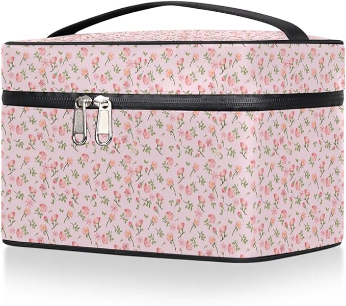 Large Makeup Bag Travel Cosmetic Bags for Women Pink Vintage Bohemian Spring Flower Floral Makeup Organizer Case Toiletry Bag for Girls Traveling Wide Open Portable Pouch with Handle