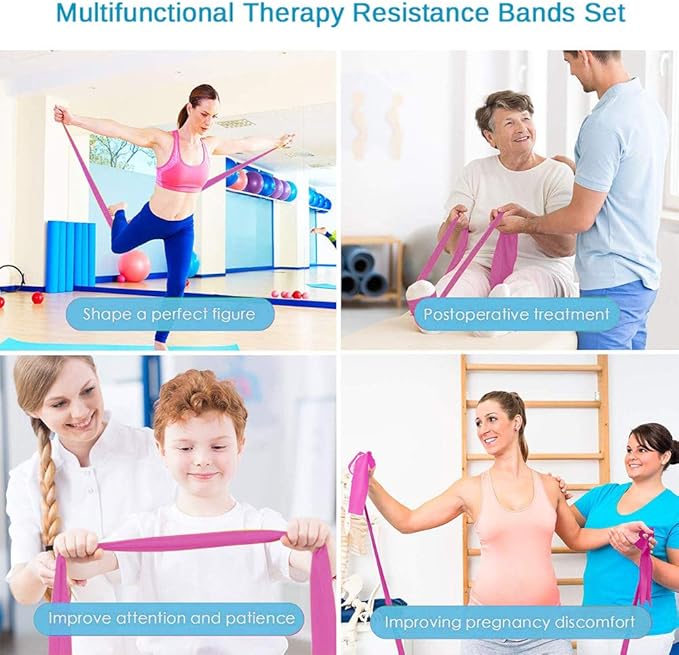 Therapy Flat Resistance Bands Set, Latex Free Flat Elastic Exercise Stretch Bands for Stretching, Flexibility, Pilates, Yoga, Ballet, Gymnastics, Rehab, Workout, Pink, Purple, Blue (3 Pack, 5 FT long)