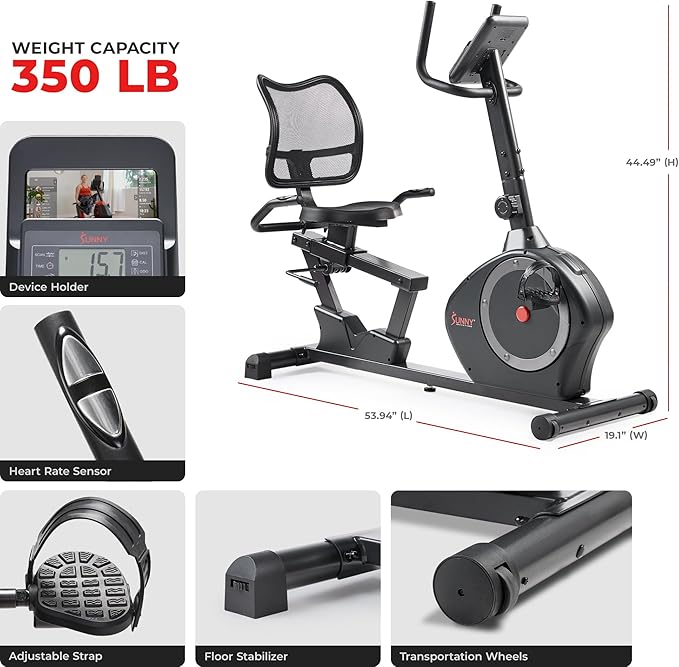 Sunny Health & Fitness Smart Heavy-Duty Recumbent Bike w/Wide Cushioned Seat & Back, Indoor Cycling Machine for Adult/Seniors Home Exercise, Free SunnyFit App Connect, Optional Workout Training Bands