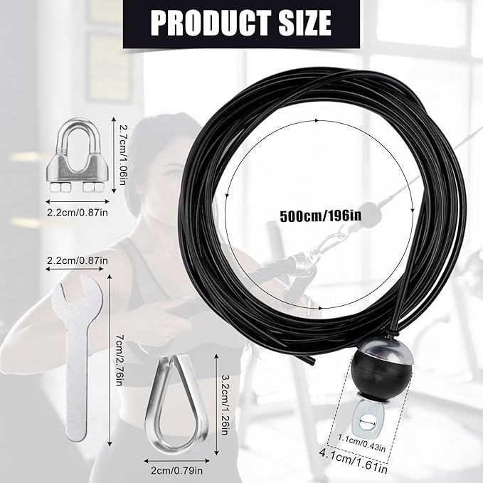 196in Fitness Pulley Cable, Adjustable Home Gym Replacement Cables Pulley System Gym Heavy Duty Fitness Steel Wire Rope 5mm Thick for Pulley Machine Accessories Home Gym