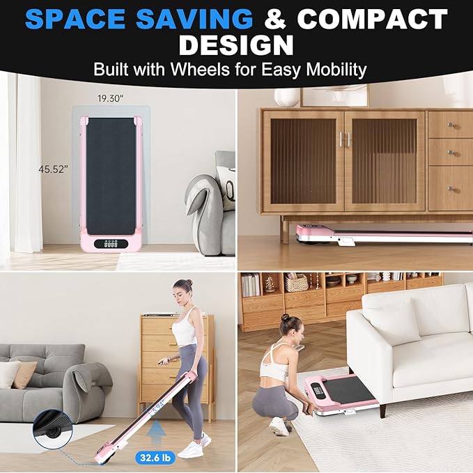 Incline Walking Pad with Handle Bar, Folding Treadmill Foldable Portable Under Desk for Home Office, Ultra Quiet <45dB, Safety Lock, 300+ LB Capacity