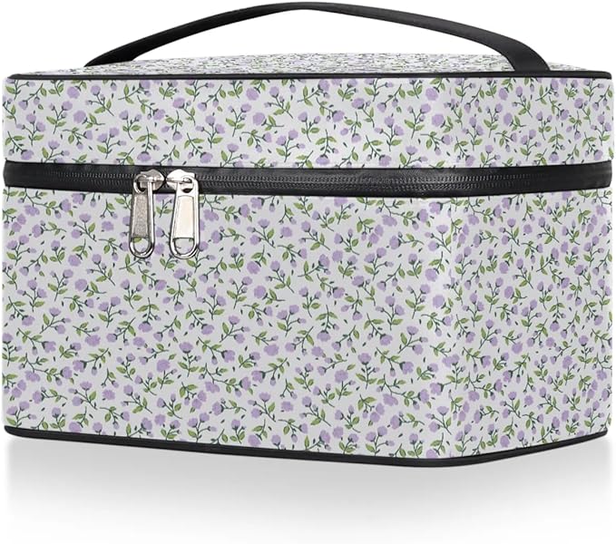 Large Makeup Bag Travel Cosmetic Bags for Women Purple Vintage Bohemian Spring Flower Floral Makeup Organizer Case Toiletry Bag for Girls Traveling Wide Open Portable Pouch with Handle