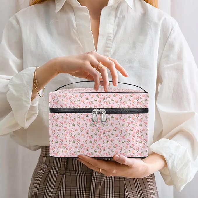 Large Makeup Bag Travel Cosmetic Bags for Women Pink Vintage Bohemian Spring Flower Floral Makeup Organizer Case Toiletry Bag for Girls Traveling Wide Open Portable Pouch with Handle