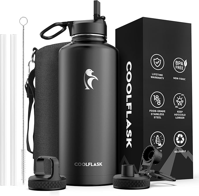 Insulated Water Bottle 87 oz with Straw, Coolflask 2/3 Gallon Stainless Steel Metal 3 Lids Large Water Jug for Sports or Office, Non-BPA Keep Cold Up to 48 Hrs or Hot Up to 24 Hrs, Magic Black