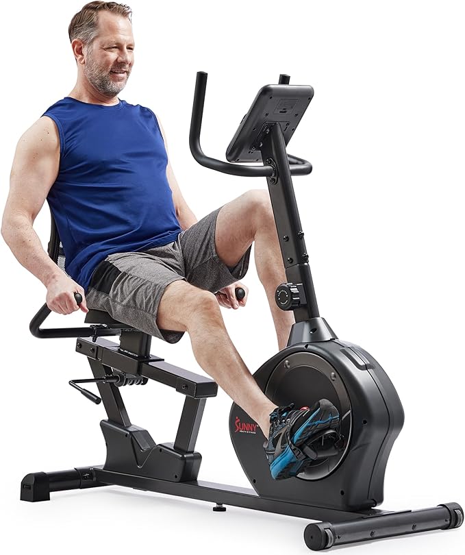 Sunny Health & Fitness Smart Heavy-Duty Recumbent Bike w/Wide Cushioned Seat & Back, Indoor Cycling Machine for Adult/Seniors Home Exercise, Free SunnyFit App Connect, Optional Workout Training Bands