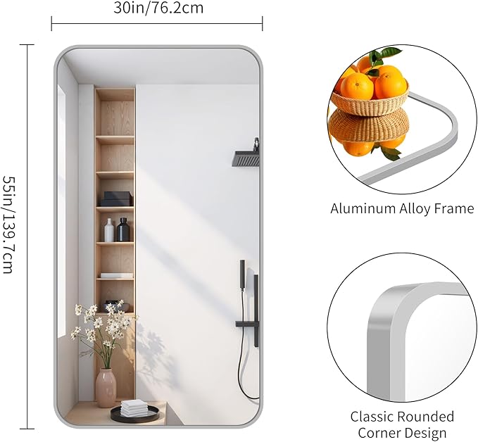 FORBATH 30x55 Inch Silver Bathroom Mirror for Over Sink, Large Rectangular Wall Mirror with Metal Frame, Rounded Corners for Bathroom, Bedroom, Entryway Decor (Horizontal or Vertical)
