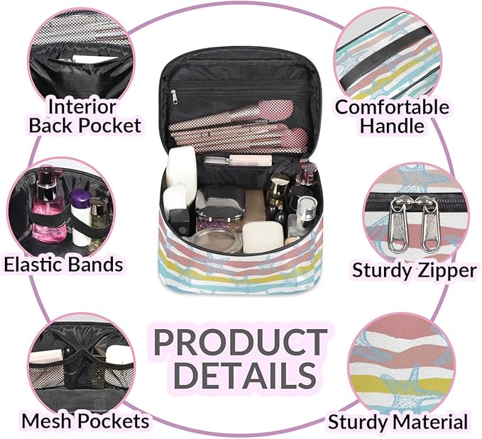 Large Makeup Bag Travel Cosmetic Bags for Women Teal Blue Cute Stripe Nautical Starfish Makeup Organizer Case Toiletry Bag for Girls Traveling Wide Open Portable Pouch with Handle