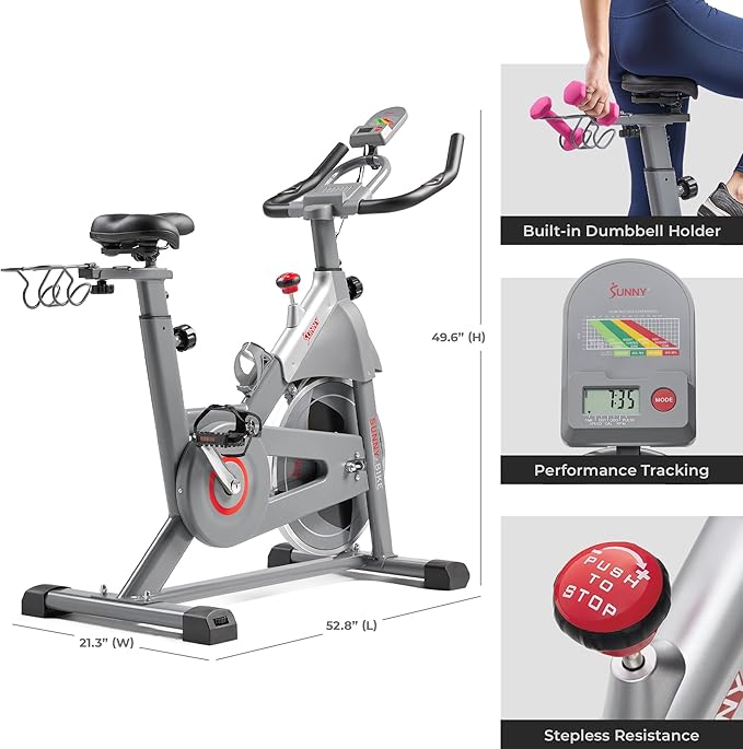 Sunny Health & Fitness Indoor Cycling Exercise Bike w/Adjustable Cushion Seat & Multi-Grip Handlebar, Stationary Workout Equipment For Adult Cardio Training, Optional Free SunnyFit App Connection