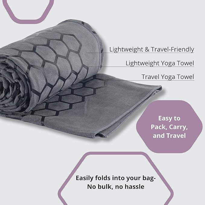 Clever Yoga Non-Slip Hot Yoga Towel – Non-Slip Grip for Hot Yoga, Sweat Absorbent, Honeycomb Silicone Grip, Stays Flat – Ideal for Pilates, Travel, Washable & Lightweight - Gray