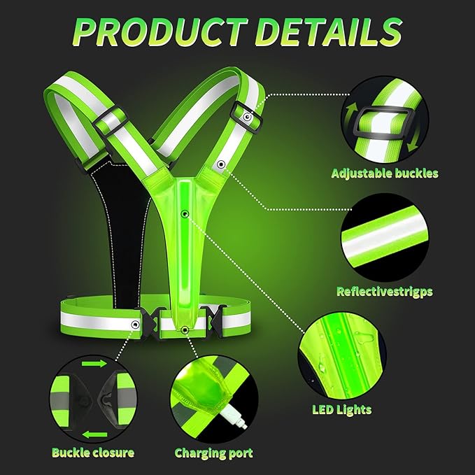 Led Reflective Vest Running Gear,USB Rechargeable Light Up High Visibility Running Vest,6-11hrs Light with Adjustable Waist/Shoulder for Runners Walkers