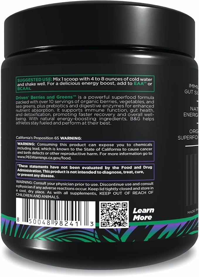Driven B&G Berries & Greens Superfood Powder, 30 Servings - Organic Plant-Based Formula with Probiotics & Digestive Enzymes -Supports Recovery, Healthy Digestion, and Immune Function