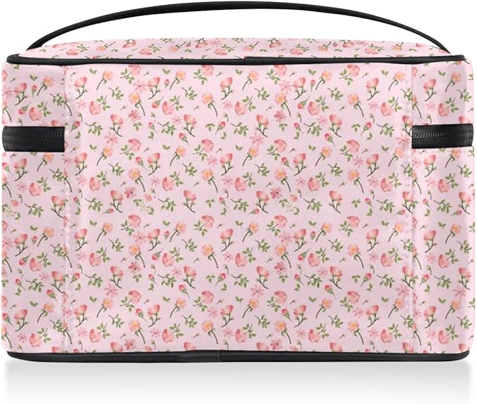 Large Makeup Bag Travel Cosmetic Bags for Women Pink Vintage Bohemian Spring Flower Floral Makeup Organizer Case Toiletry Bag for Girls Traveling Wide Open Portable Pouch with Handle
