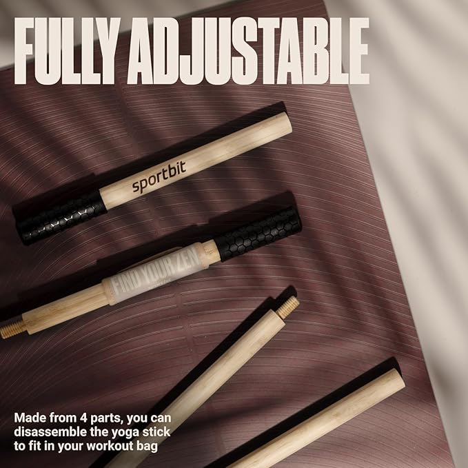 SportBit Bamboo Yoga Stick with Neck Pillow - Collapsible and Portable 5.1FT Mobility Stick and Exercise Stick - Fully Adjustable Yoga Accessories Perfect for Stretching, Posture Correction, Balance