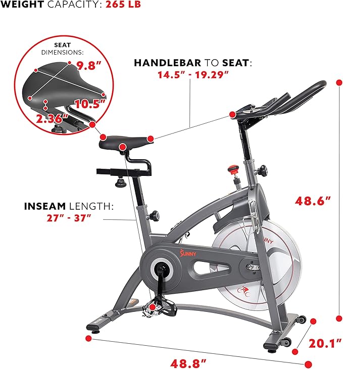 Sunny Health & Fitness Indoor Cycling Exercise Bike w/Pulse Sensors & 4-Way Adjustable Seat, Stationary Home Cardio Training Machine w/Micro-Adjustable Magnetic Resistance for Intensive Cardio Session