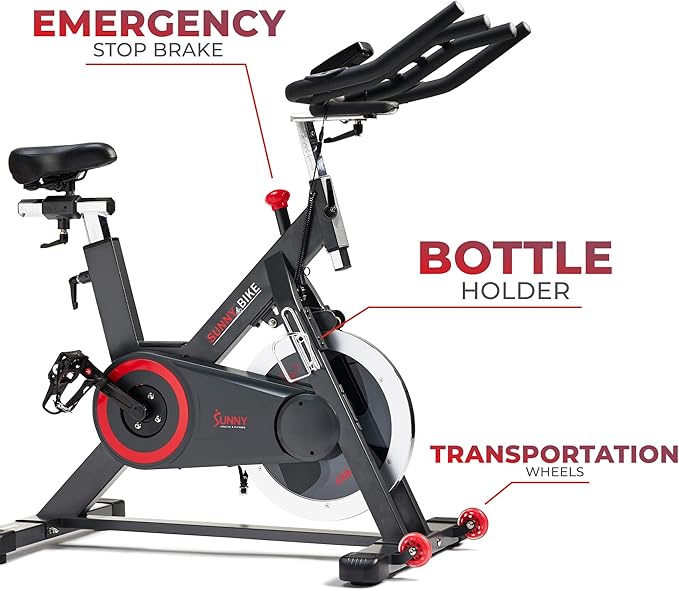 Sunny Health & Fitness Magnetic Exercise Bike, 44LB Flywheel & 300LB Weight Capacity for Intensive Home Workout, Indoor Cardio Training w/4-Way Adjustable Seat, Optional Free SunnyFit App Connection